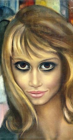 a painting of a woman with long blonde hair and black eyeliners on her face