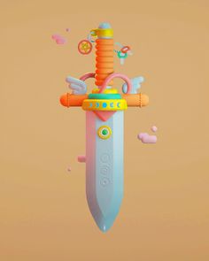 a colorful toy knife flying through the air