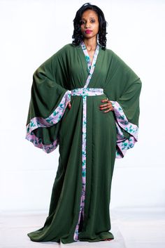 cotton kimono wrap dress Green Bohemian Wrap Maxi Dress, Green Kimono With Kimono Sleeves For Tea Ceremony, Green Bohemian Maxi Length Kimono, Traditional Green Kimono For Spring, Green Traditional Kaftan With Kimono Sleeves, Traditional Green Kaftan With Kimono Sleeves, Green Maxi-length Abaya For Spring, Spring Green Maxi Length Abaya, Green Spring Kaftan With Kimono Sleeves