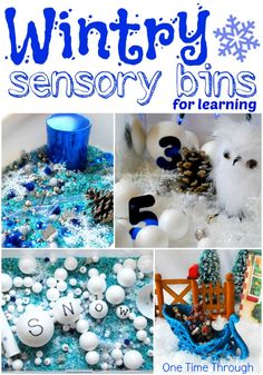 Wintry Sensory Bins for Learning - 4 new ideas that will get your toddler/preschooler learning their numbers, letters, and building thinking skills. {One Time Through} #kids #sensory #winter Winter Themed Activities, Sensory Ideas, Winter Preschool