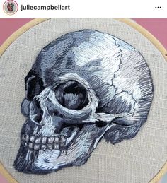 an embroidered skull is shown on the wall