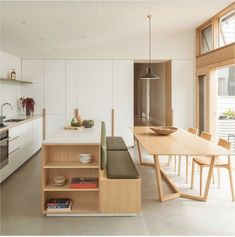 the kitchen is clean and ready to be used as a dining room or living area