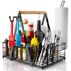 a metal dish rack filled with kitchen utensils and other cooking supplies, including knives, spoons, and forks