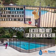 there is a pool fence that has a child in it and an image of a person standing on the edge