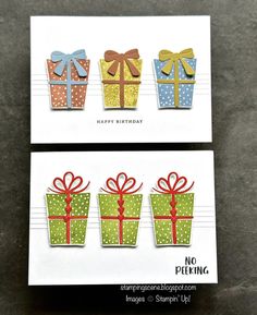 two birthday cards with bows and presents on them