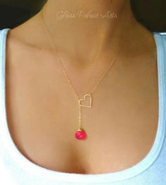 Pink Gemstone Necklace, Gold Lariat Necklace, Pink Chalcedony, Gold Heart Necklace, Pink Necklace, Pink Gemstones, Lariat Necklace, Heart Jewelry, A Necklace