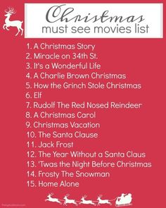 the christmas must see movies list is shown in red and white with santa's sleigh on it