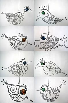 four pictures of birds with different designs on them