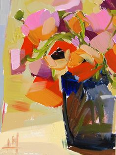 an oil painting of flowers in a blue vase