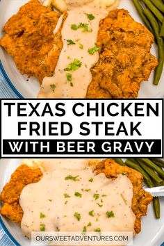 chicken fried steak with beer gravy served on a white plate and garnished with green beans