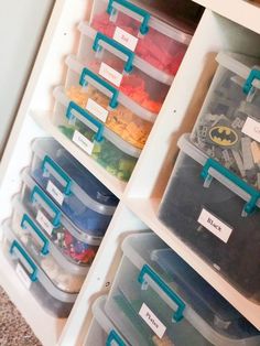 several plastic bins with labels on them are organized in the closet for storage and organization