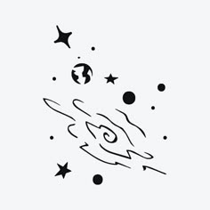 a black and white drawing of stars and planets