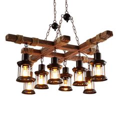 a chandelier made out of wooden planks and hanging from chains with light bulbs