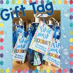 the gift tag is attached to two water bottles