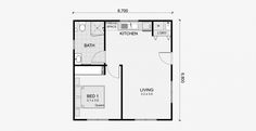 the floor plan for a small house with one bedroom and an attached bathroom, which is also