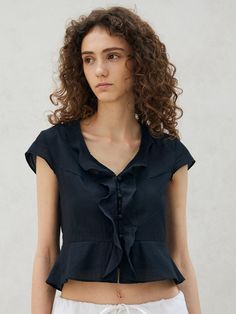 Composition : cotton 100%Color : S_BK,M_BKCountry of Origin : Republic of Korea Black Relaxed Fit Cotton Blouse, Black Short Sleeve Cotton Blouse, Linen V-neck Tops With Ruffles, Black Linen Short Sleeve Tops, Fitted Black Linen Top, Relaxed Fit Linen Top With Ruffles, Black Linen Tops For Workwear, Black Linen Top For Workwear, Black Cotton Shirt With Ruffles