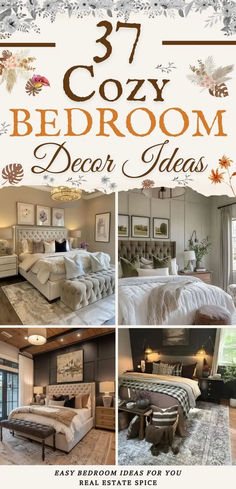 says 37 cozy bedroom decor ideas with 4 images of cozy bedrooms with beds bedding wall art ceiling lights tables table lamps bench throw pillows throw blankets below says easy bedroom ideas for you Cozy Master Bed Ideas, Farmhouse Style Bedroom Master Suite Decorating Ideas, Transitional Bedroom Decor Ideas, Beautiful Cozy Bedrooms, Bedroom Set Inspirations, Tranquil Bedroom Decor, Master Bedding Ideas Cozy Bedroom Layered, Modern Traditional Master Bedrooms Decor, Cut Bedroom Ideas