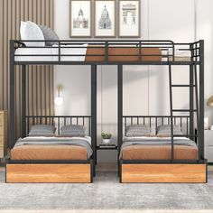 two bunk beds sitting next to each other on top of a carpeted floor in a room