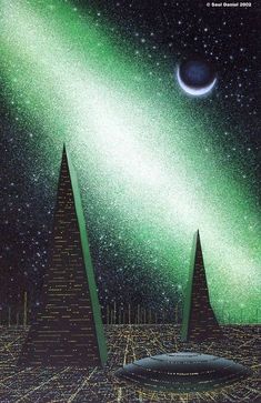 an image of two pyramids in front of the sky with green light coming from them