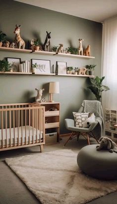 a baby's room with stuffed animals on the shelves