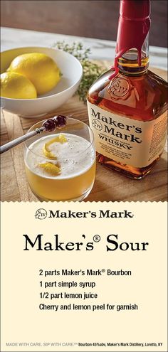 a bottle of maker's mark makes a sour with lemons and parsley