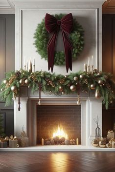 a fireplace decorated with christmas wreaths and candles