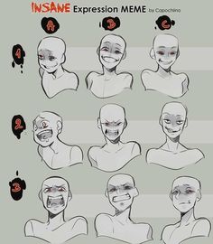 the different facial expressions in an anime character's face and head, with text above it