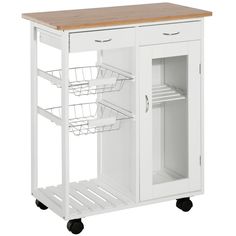 a white kitchen cart with two baskets on it