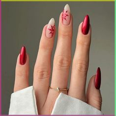 Trendy Spring Nail Inspiration to Inspire Your Next Mani 2024 | Spring Nails 2024 Trends Christmas Nail Art 2024, Red Nails With Snowflakes, Oval Nails Christmas, Xmas Nails Almond, Noel Nail Art, Classy Christmas Nails Acrylic, Almond Nails Christmas Designs, Aesthetic Nails Christmas, Red Nails Almond Shape