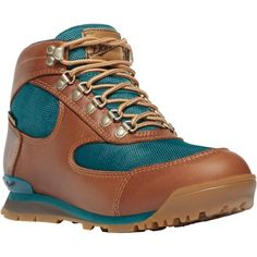 a pair of brown and blue hiking boots