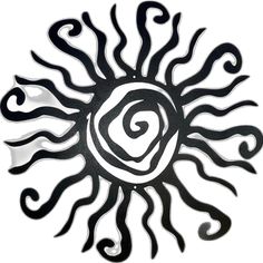 a black and white drawing of a sun with swirls on it's face