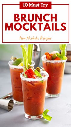 Three non-alcoholic Bloody Mary mocktails served in tall glasses with salted rims, garnished with celery, olives, cherry tomatoes, lime, and herbs. Perfect brunch drinks for parties, gatherings, and weekend breakfasts. Fresh, savory, and flavorful tomato-based beverage ideas.