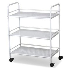 a white three tiered shelf with wheels