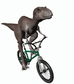 an image of a dinosaur on a bike that is in the air with no wheels