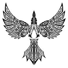 a black and white drawing of a bird with intricate designs on it's wings