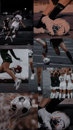 the collage shows different shots of people playing soccer