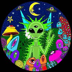 an alien sitting in the middle of a forest surrounded by stars and mushrooms, with aliens all around