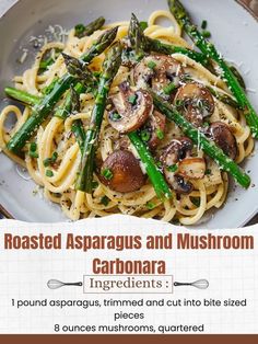 a plate of pasta with mushrooms and asparagus on it is featured in this ad