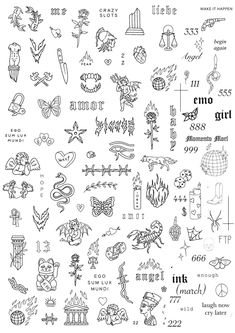 the back side of a tattoo sticker sheet with different designs and lettering on it