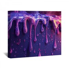 an abstract painting with purple and yellow drips