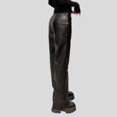 Bring a retro-futuristic trend to your wardrobe with our 2023 Autumn-Winter Collection of Y2K Pu-leather Jeans Pants for women! With a high-waisted silhouette. straight black design. and front seam detailing. these jeans are as stylish as they are traditional. Plus. the zipper and button closure ensures that you can adjust the fit for the perfect look and feel.Distinctive Features: Y2K Style: These wax jeans pants bring the iconic Y2K mode to your wardrobe. the perfect blend of nostalgic chic an Modern Black Fall Bottoms, Black High-waisted Leather Pants For Streetwear, Edgy Straight Leg Leather Pants With Belt Loops, Trendy High Rise Winter Pants, High-waisted Leather Pants For Streetwear, Trendy Faux Leather Straight Leg Pants, High Waist Leather Bottoms For Streetwear, Modern Black High-waisted Leather Pants, Fitted Leather Pants For Streetwear