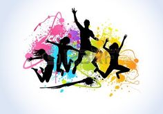 silhouettes of people jumping in the air with paint splattered on them and splashing