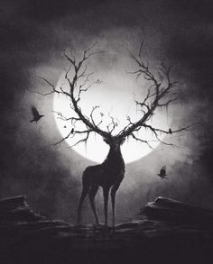 a black and white photo of a giraffe in front of a full moon