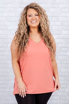 Chic Soul plus size clothing, deep coral v-neck tank top Pink Stretch Tank Top For Everyday, Pink Tank Top For Everyday Spring Wear, Spring Pink Everyday Tank Top, Everyday Pink Spring Tank Top, Spring Stretch Orange Tank Top, Orange Stretch Tank Top For Spring, Versatile Pink Stretch Tank Top, Pink Tank Top For Summer, Trendy Orange Tops For Layering