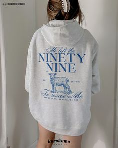 This Unisex hooded sweatshirt features "He left the ninety-nine to rescue me | and He'll do the same for you | Matt. 18:10-14" with a cute vintage lamb illustration on the back and front pocket side. Spread God's love and the gospel with this coquette-style Christian sweater <3 Make sure to check out the other garment options below :) » O P T I O N S « ‣ Tshirt: https://www.etsy.com/listing/1716679452 ‣ Crewneck: https://www.etsy.com/listing/1672124614 » A B O U T « ‣ This item is made to order using direct-to-garment (DTG) printing technology. This digital process involves the printer inks being jetted or sprayed onto the textile by a print head after the garment goes through a pre-treatment machine to create a stronger bond between garment fibers and the pigmented inks. ‣ This is NOT scr Christian Hoodies Aesthetic, He Left The 99 To Find Me, Christian Hoodie Design, Christian Sweatshirt Designs, Lamb Illustration, Jesus Merch, Christian Sweater, Jesus Hoodies, Vintage Lamb