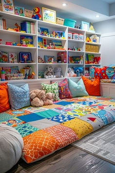 a child's room with lots of bookshelves and stuffed animals on the bed