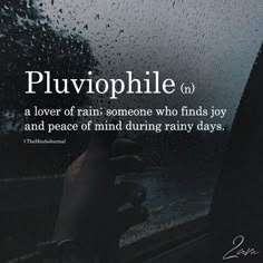 someone is holding their hand out the window with rain drops on it, saying pluvophiile