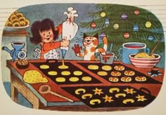 an old children's book with cats and cookies on the table