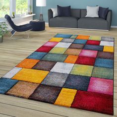 a living room filled with furniture and a colorful rug