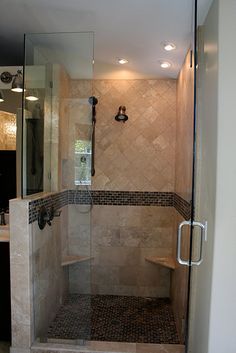 a walk in shower sitting inside of a bathroom